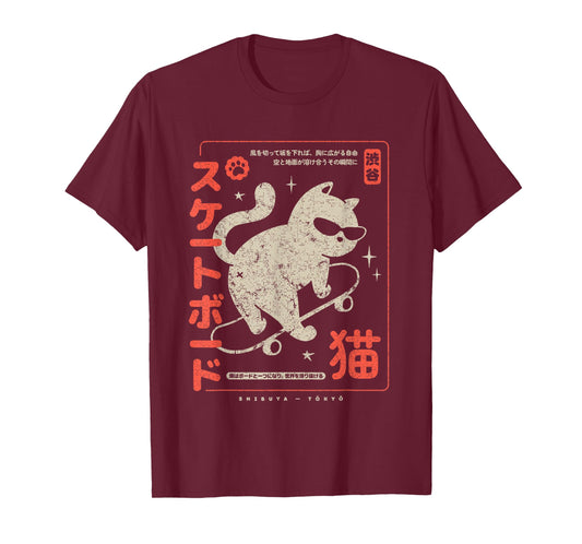 Funny Japanese Cat Skateboard Vintage Kawaii Graphic T-Shirt