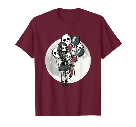 Goth Girl Holding Skull-Balloons - Goth Gothic T-Shirt