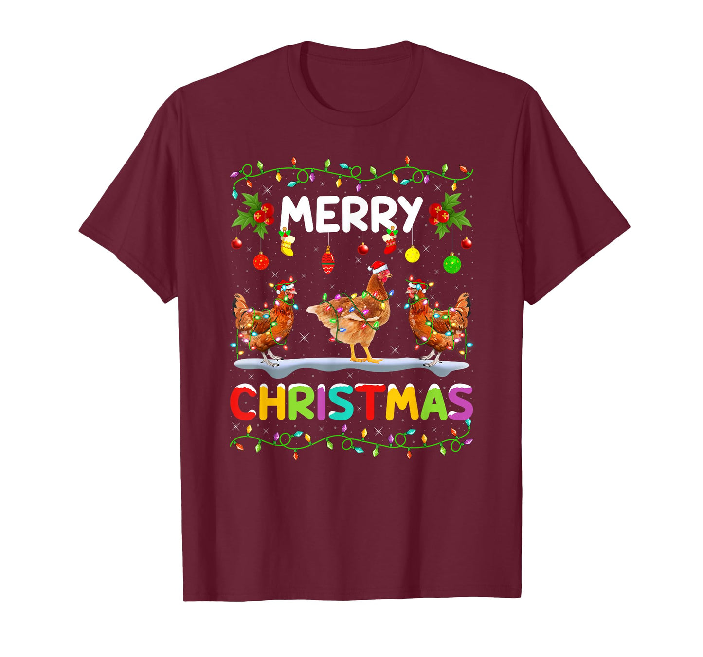 Chicken Merry Christmas Lights Santa Hat Funny Chicken Xmas T-Shirt