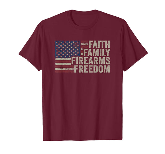 Faith Family Firearms & Freedom - American Flag Pro God Guns T-Shirt Small