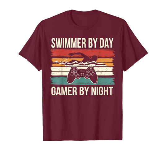 Funny Swimmer By Day Gamer By Night Swimming Swim Gaming T-Shirt
