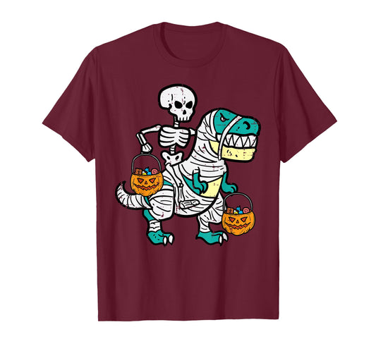 Skeleton Riding Trex Dino Toddler Boy Halloween Boys Kids T-Shirt