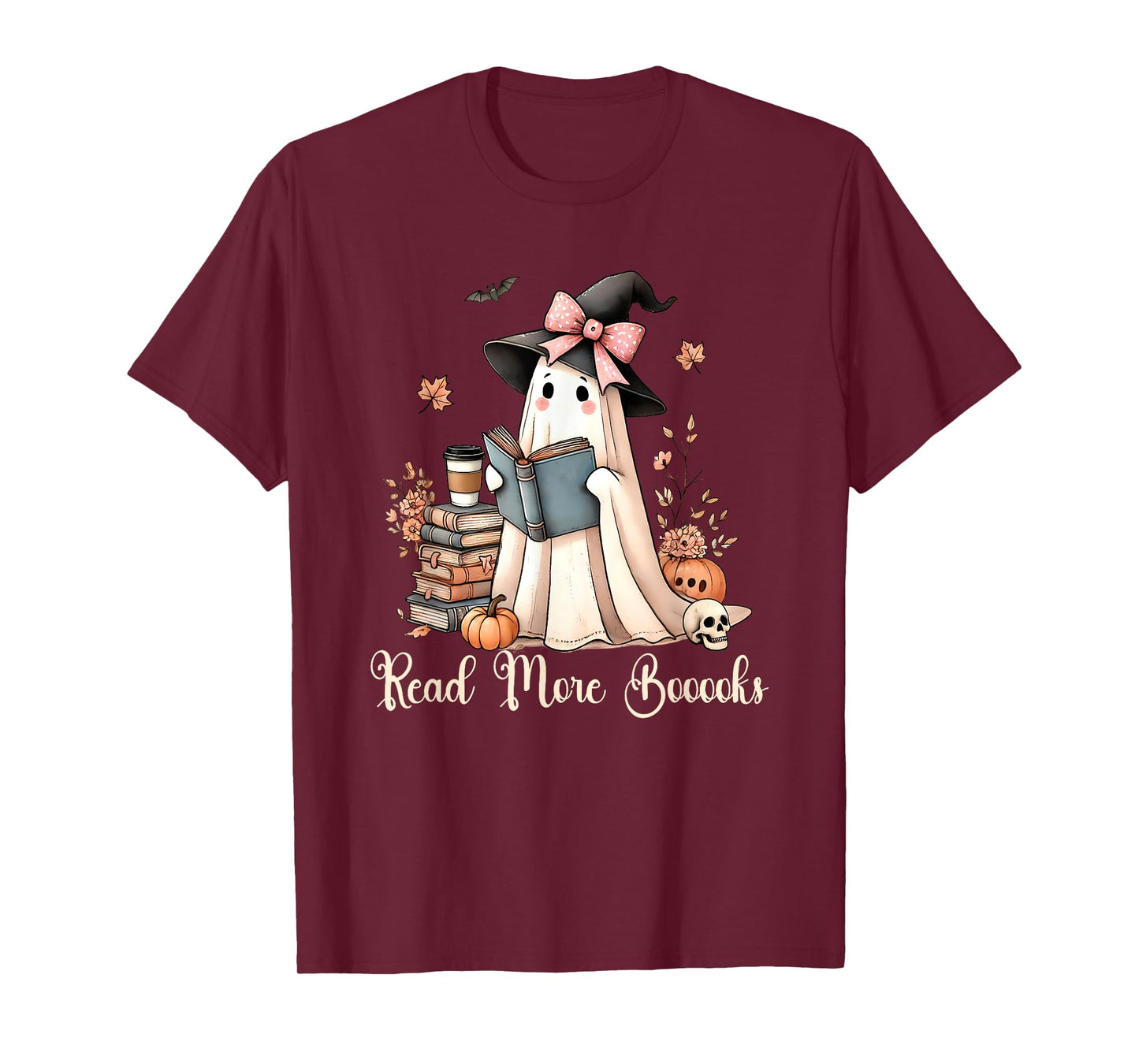 Ghost Reading Book Coquette Bow Halloween Girl Kid Teacher T-Shirt