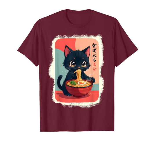 Kitten Eating Japanese Noodles Anime Manga Baby Cat Ramen T-Shirt