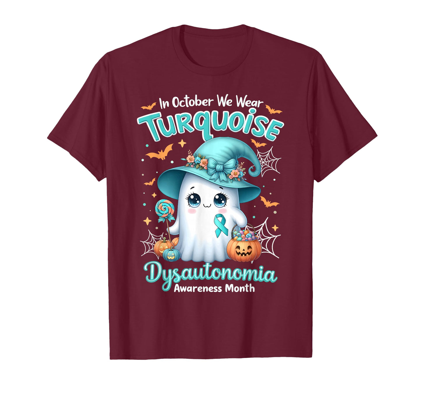 in October We Wear Turquoise Dysautonomia Awareness Ghost T-Shirt