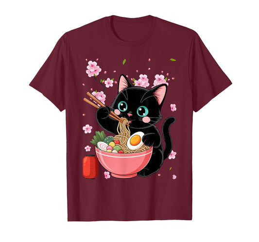 Retro – Japanese Anime Black Cat Eating Ramen T-Shirt