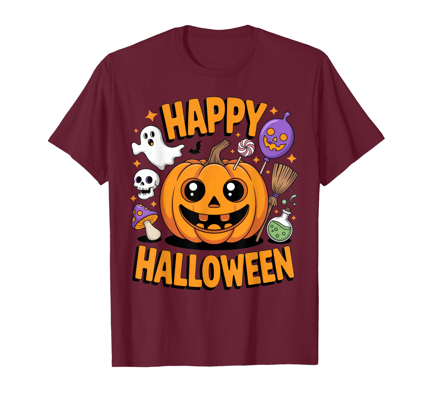 Happy Halloween Cute Pumpkin with Ghost and Witchy Elements T-Shirt