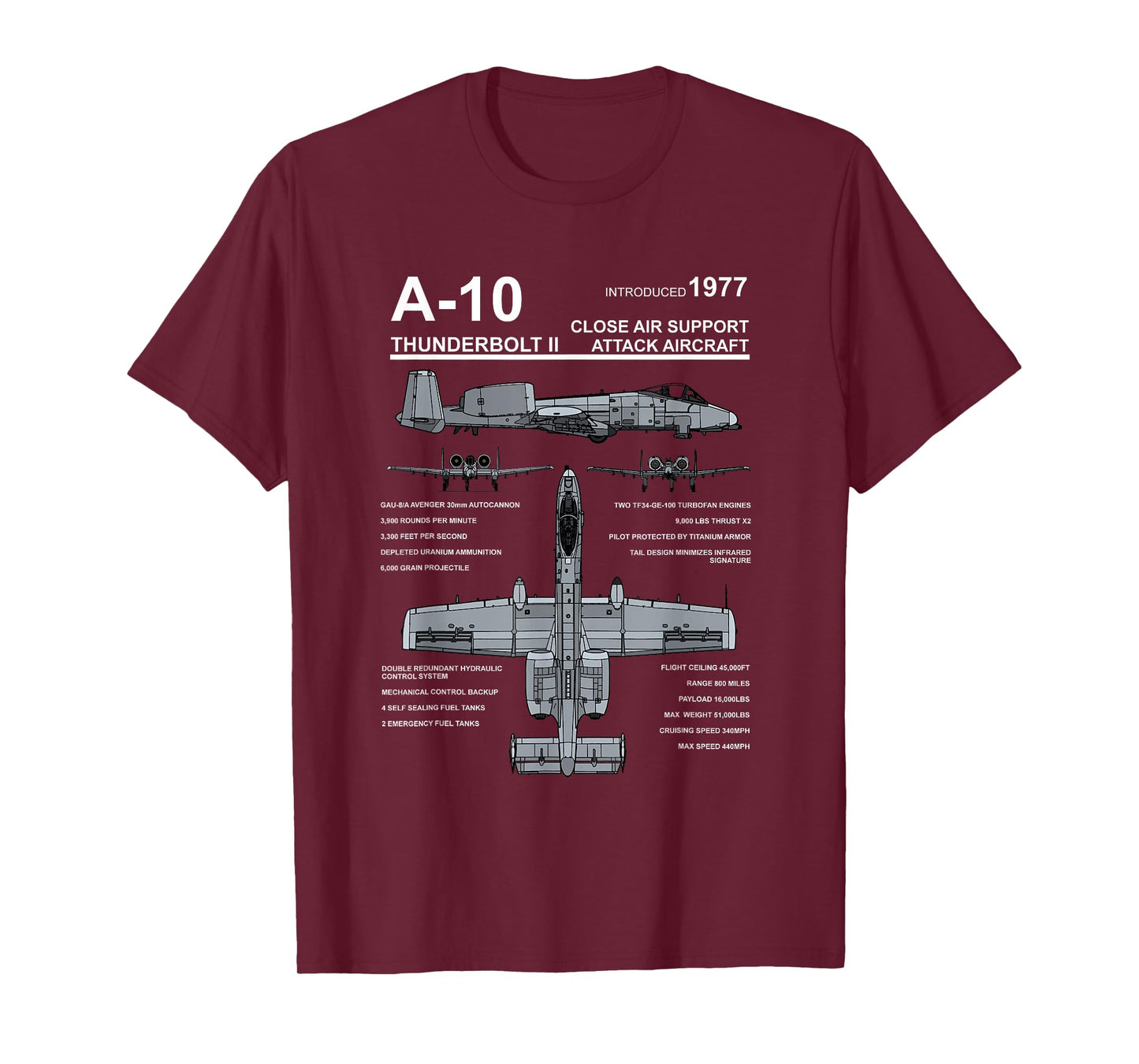 A-10 Thunderbolt II Warthog Military Jet Spec Diagram T-Shirt
