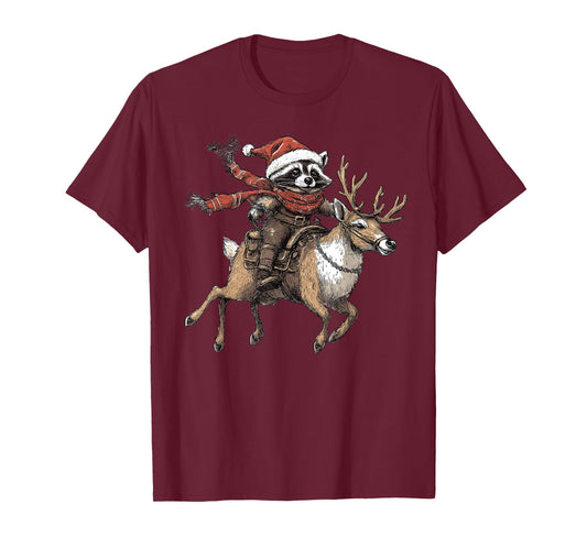 Funny Raccoon Riding Reindeer Cowboy Cowgirl Christmas T-Shirt