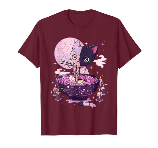 Kawaii Pastel Goth Zombie Patchwork Cat Eating Ramen Noodles T-Shirt