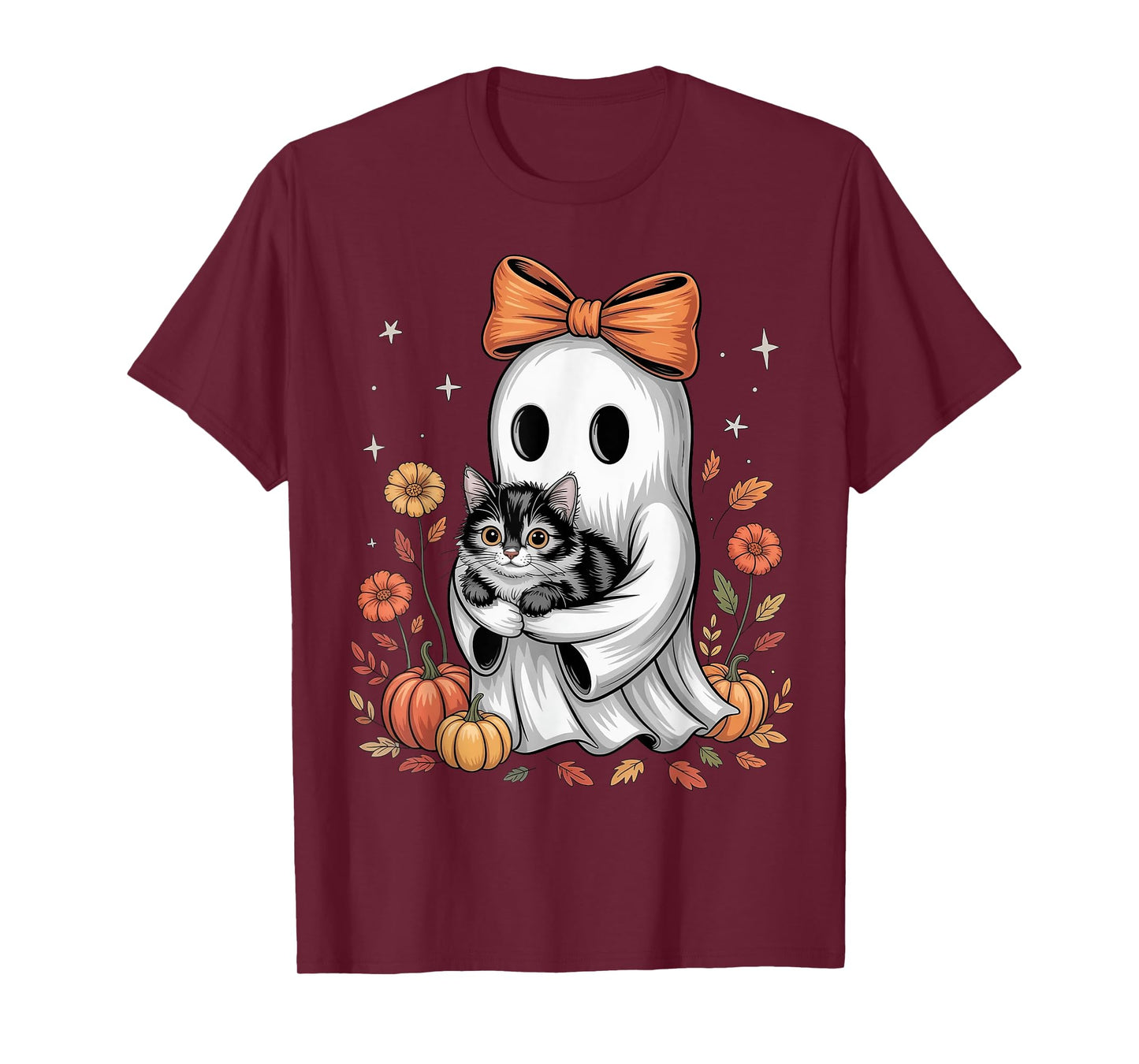 Vintage Halloween Ghost Cat Floral Pumpkin Cat Lover Kitten T-Shirt