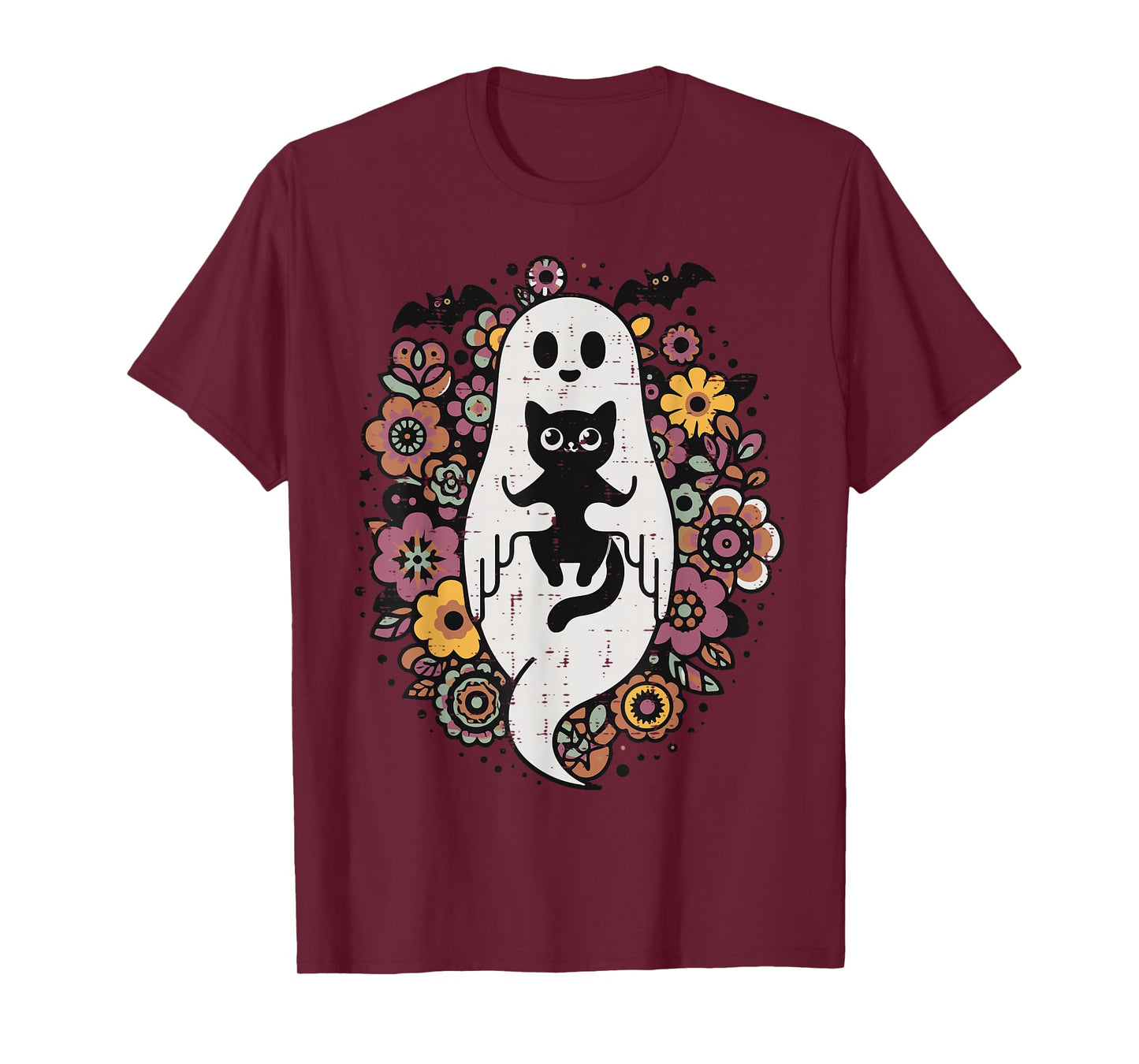 Halloween Ghost Black Cat Retro Costume Groovy Women Girls T-Shirt