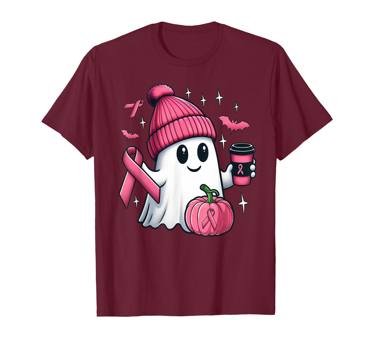 Cute Ghost Drinking Coffee Halloween Breast Cancer Awareness T-Shirt