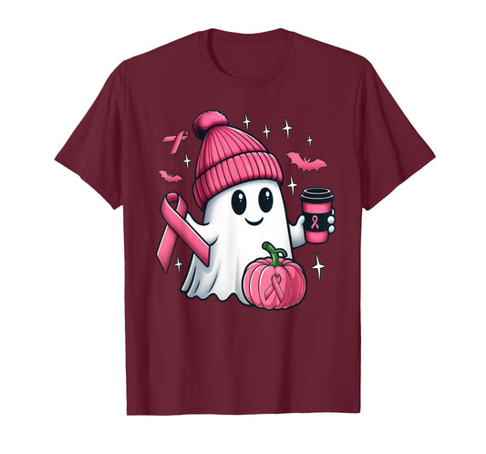 Cute Ghost Drinking Coffee Halloween Breast Cancer Awareness T-Shirt