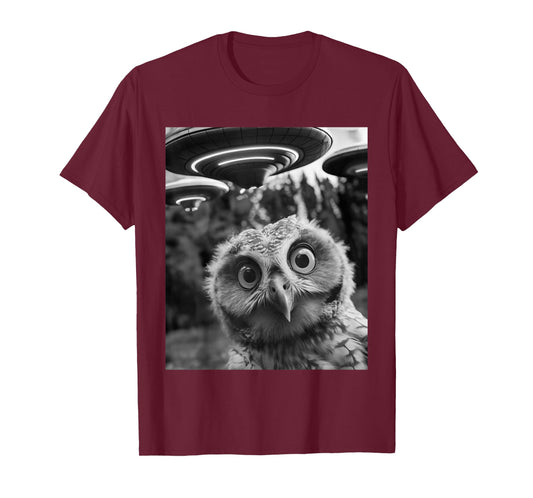 Funny Graphic Tee For Men Women Owl Selfie with UFOs Weird T-Shirt
