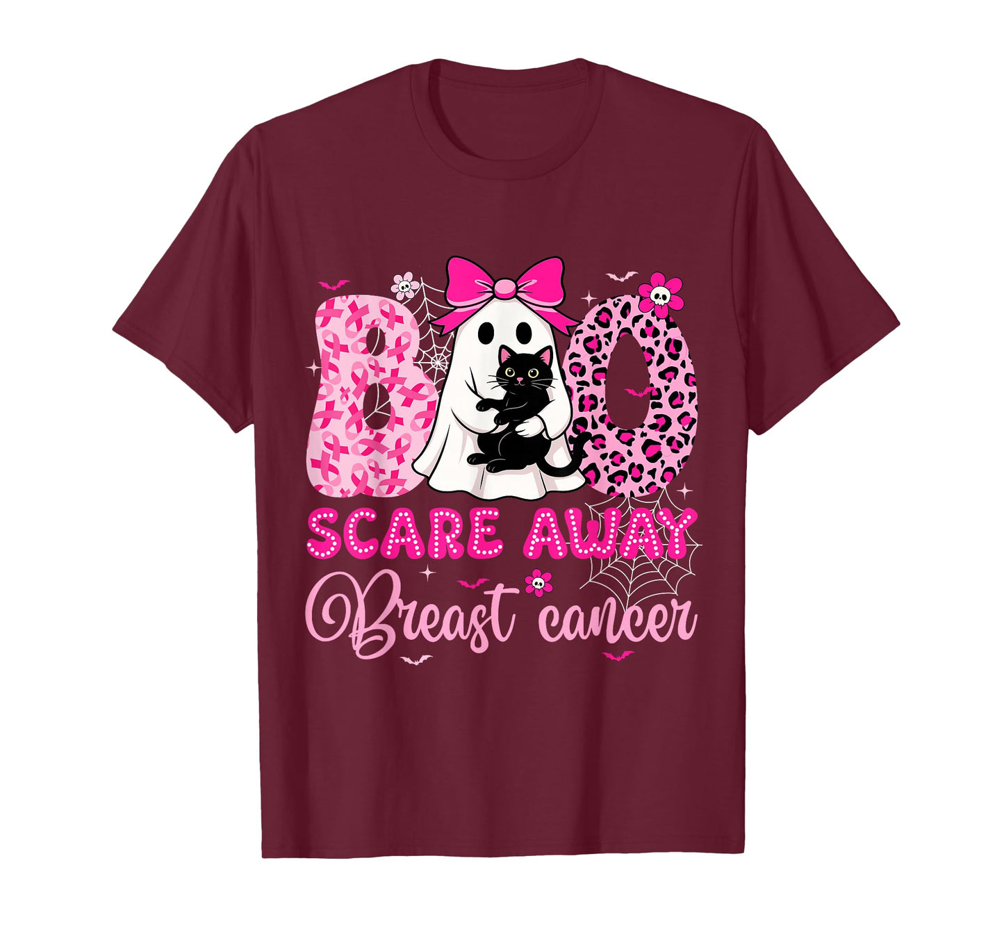 Boo Scare Away Breast Cancer Bow Cat Ghost Halloween Costume T-Shirt