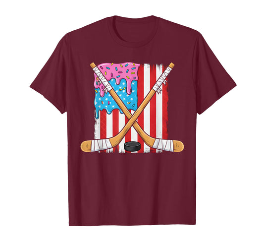Ice Hockey Ice Cream Drip Boys American Flag Youth Players T-Shirt