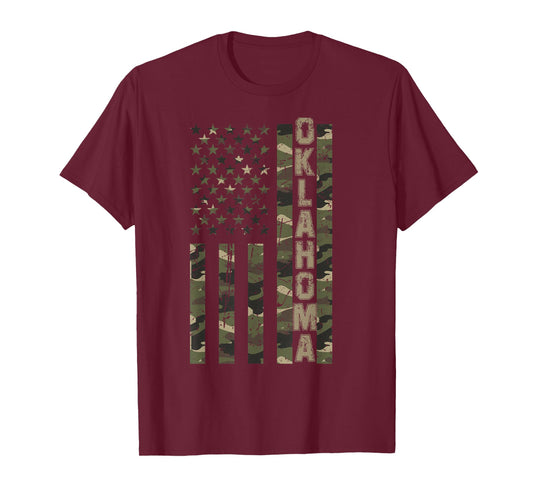 Oklahoma United States Distressed Camo w US Flag T-Shirt