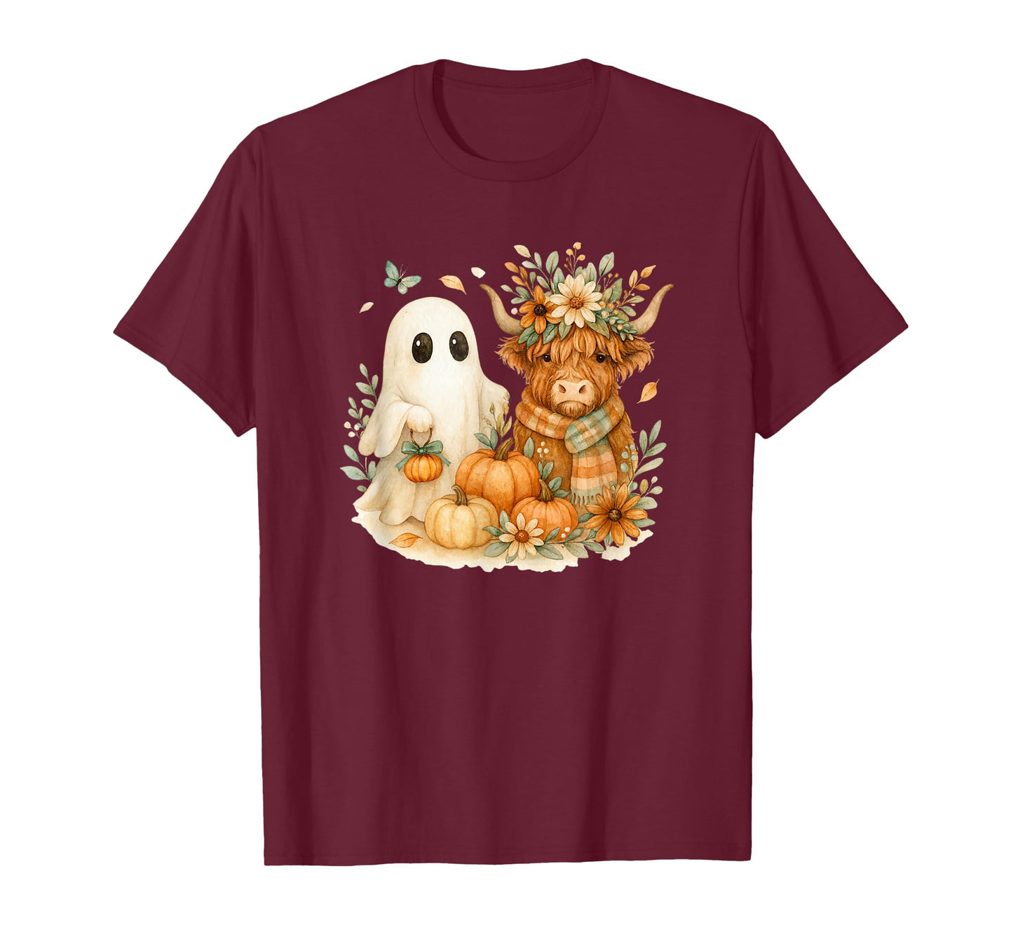 Highland Cow & Ghost Pumpkin Patch Watercolor Halloween T-Shirt