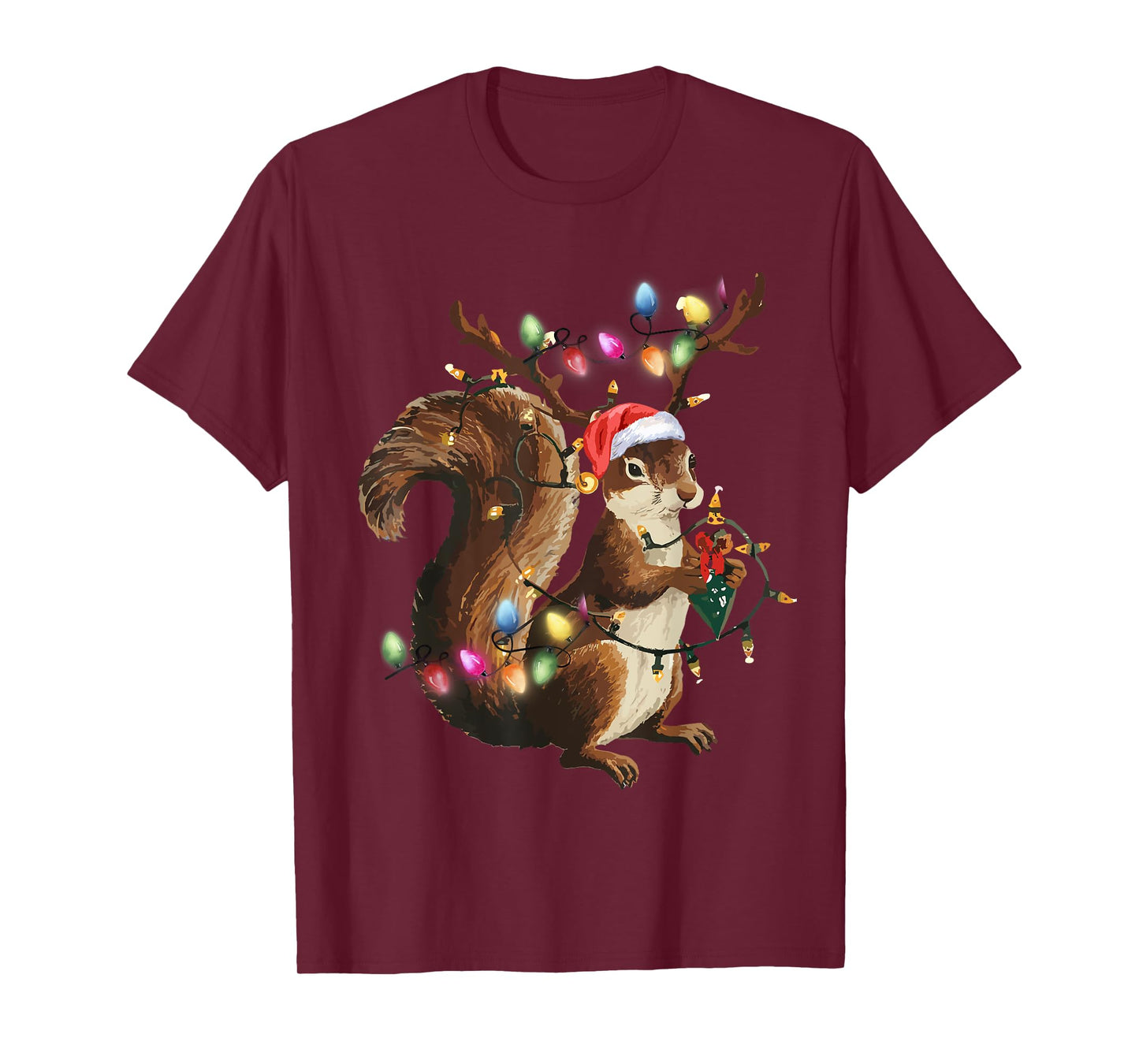 Funny Squirrel Christmas Tree Lights Reindeer Santa Hat Xmas T-Shirt