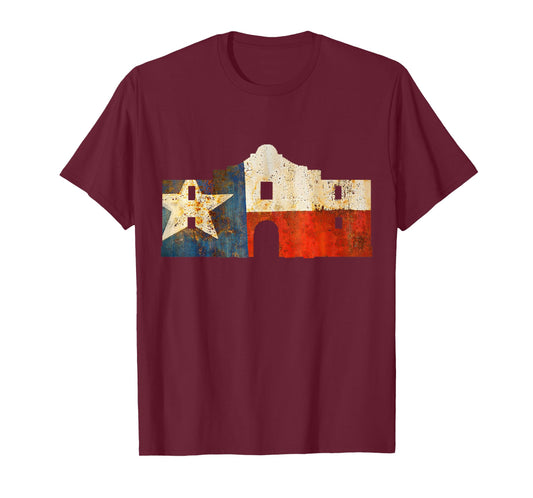 Texas Alamo wrapped in a rustic Texas flag T-Shirt