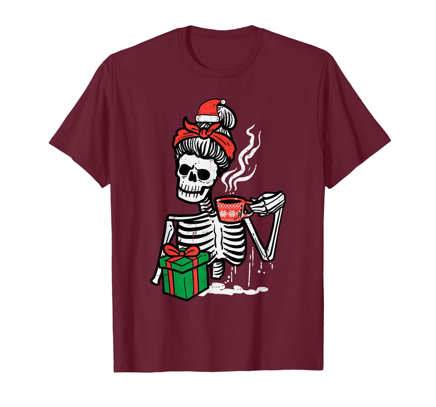 Christmas Skeleton Messy Bun Coffee Xmas Mom Women Girls T-Shirt