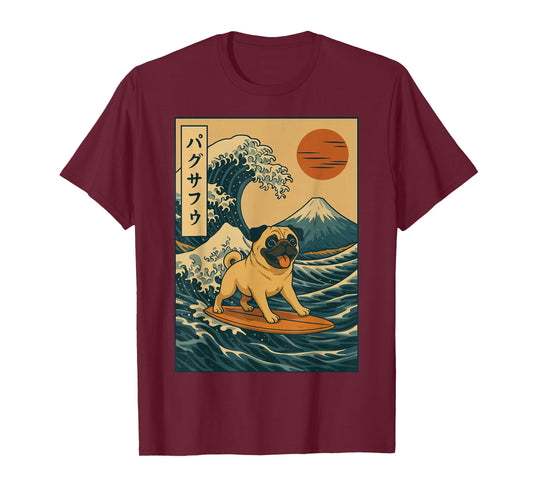 Japanese Pug Surfing Wave Great Wave Japan T-Shirt