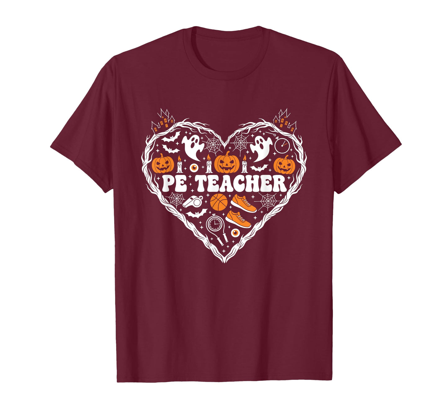 PE Teacher Heart Pumpkin Ghost Halloween Kids Mens Womens T-Shirt