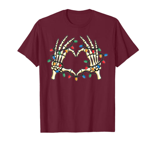 Skeleton Hands Heart Sign Funny Christmas Light Xmas Pajamas T-Shirt