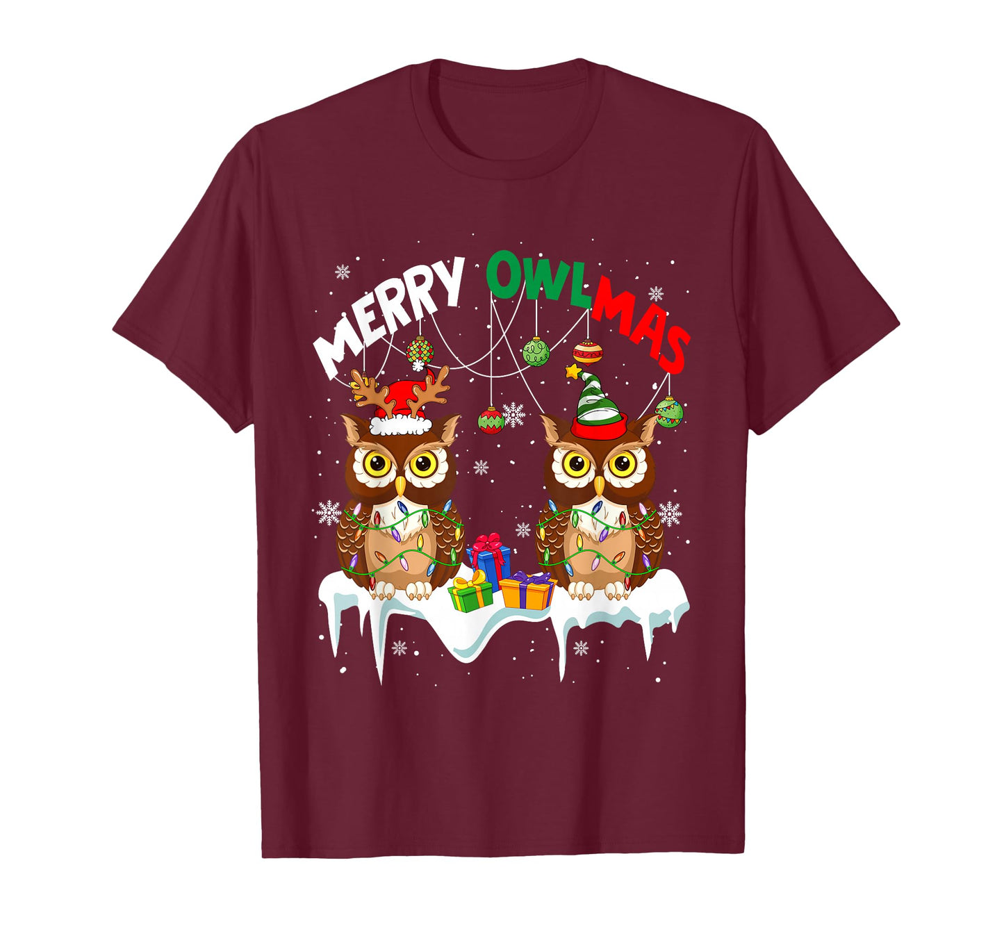 Merry Owlmas Two Santa Elf Owls Bird Lover Family Kids T-Shirt