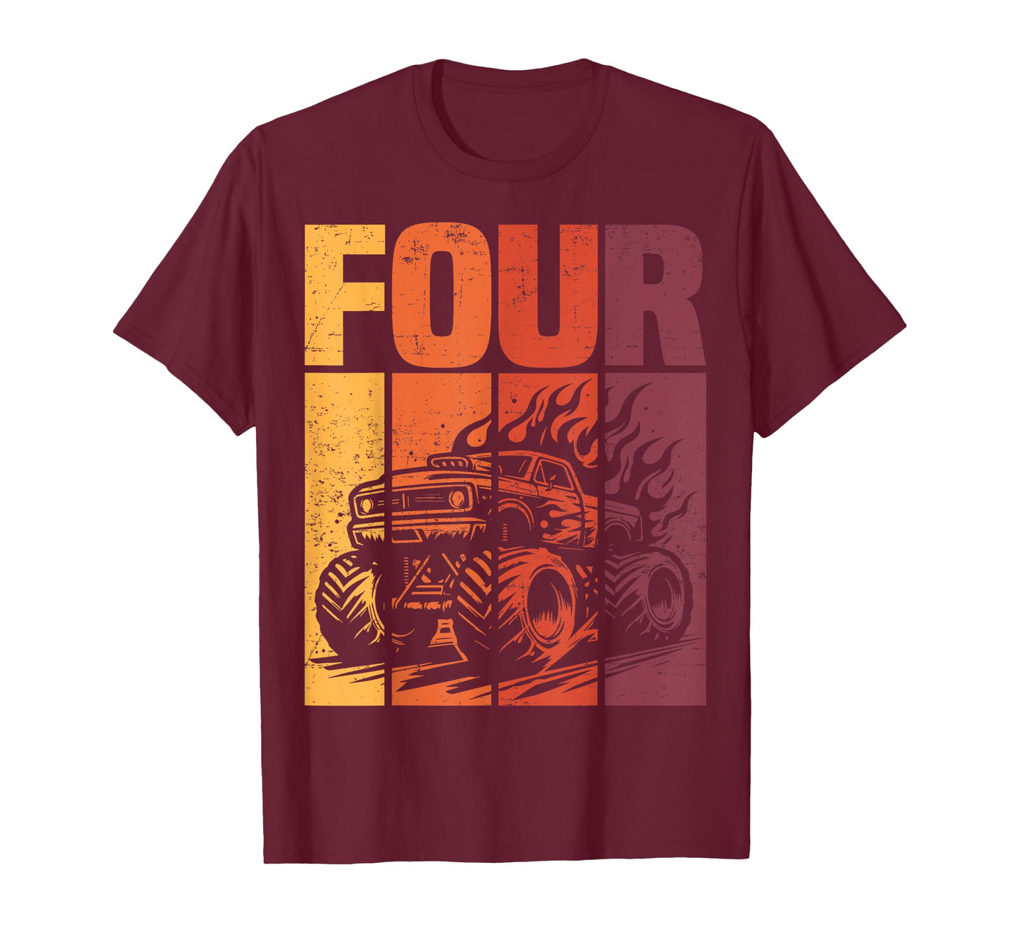Retro Monster Truck 4th Birthday Boy Four Year Old Kids Bday T-Shirt