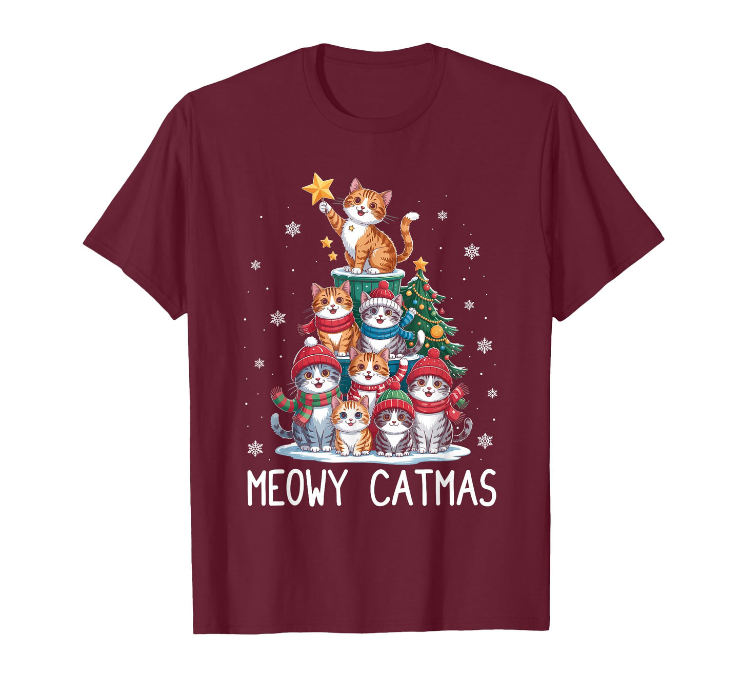 Meowy Catmas Cat Christmas Tree Xmas Girls Boys Funny Santa T-Shirt