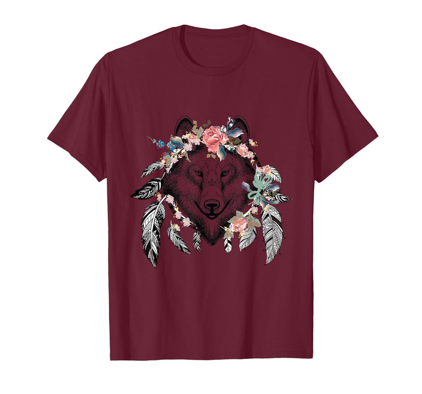 Ethnic Tribal Wolf Head Boho Feather Native American Hippie T-Shirt
