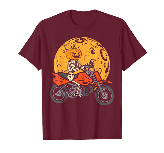 Pumpkin Skeleton Dirt Bike Halloween Motocross Boys Men T-Shirt