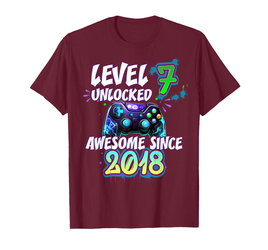 Level 7 Unlocked Awesome Since 2018 7th Birthday Gaming T-Shirt