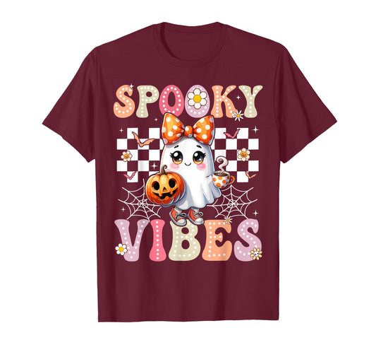 Groovy Spooky Vibes Cute Boo Ghost Halloween Costumes Girls T-Shirt