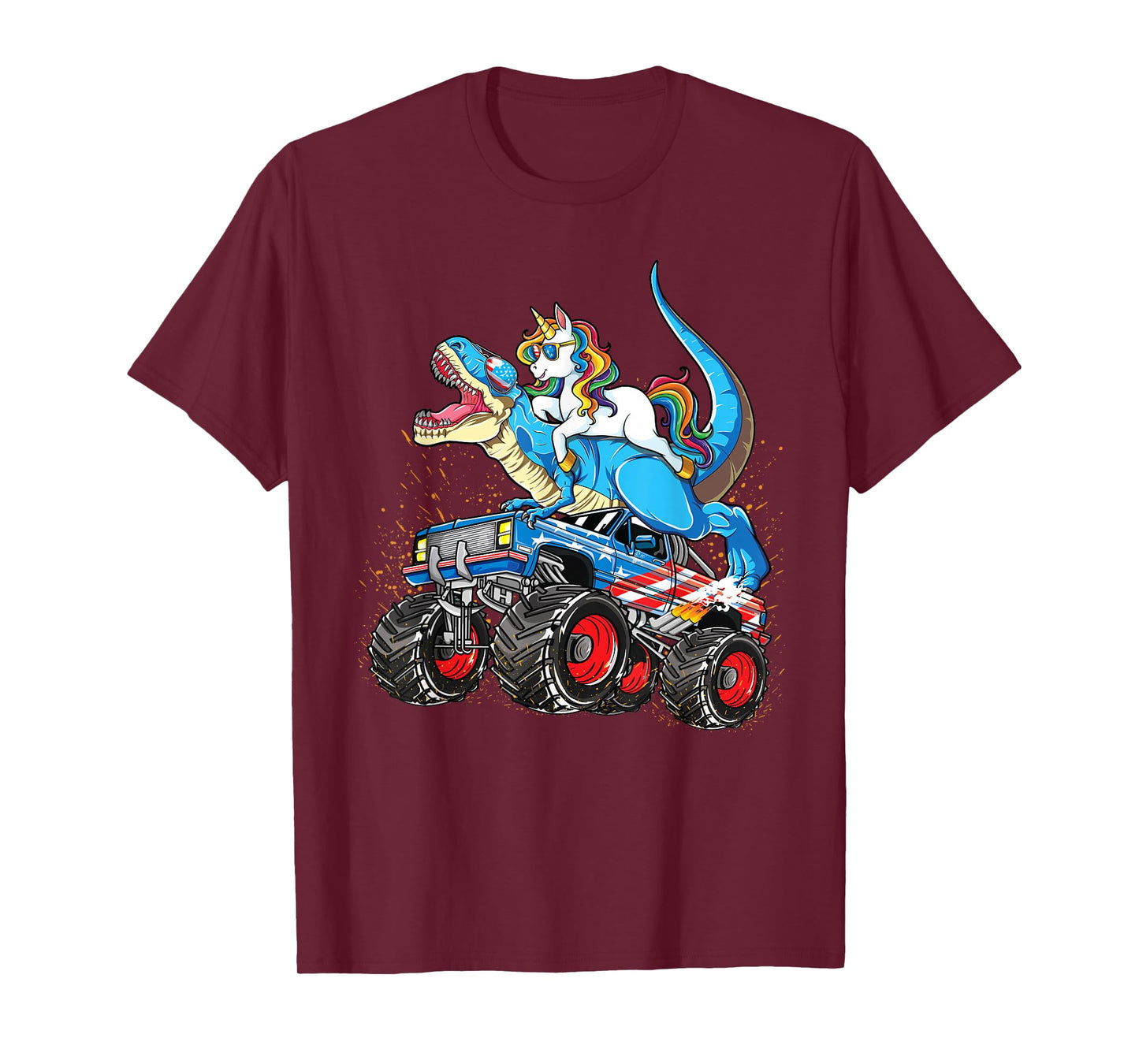 Unicorn Riding T rex Monster Truck Boys Girls Unicorn T-Shirt