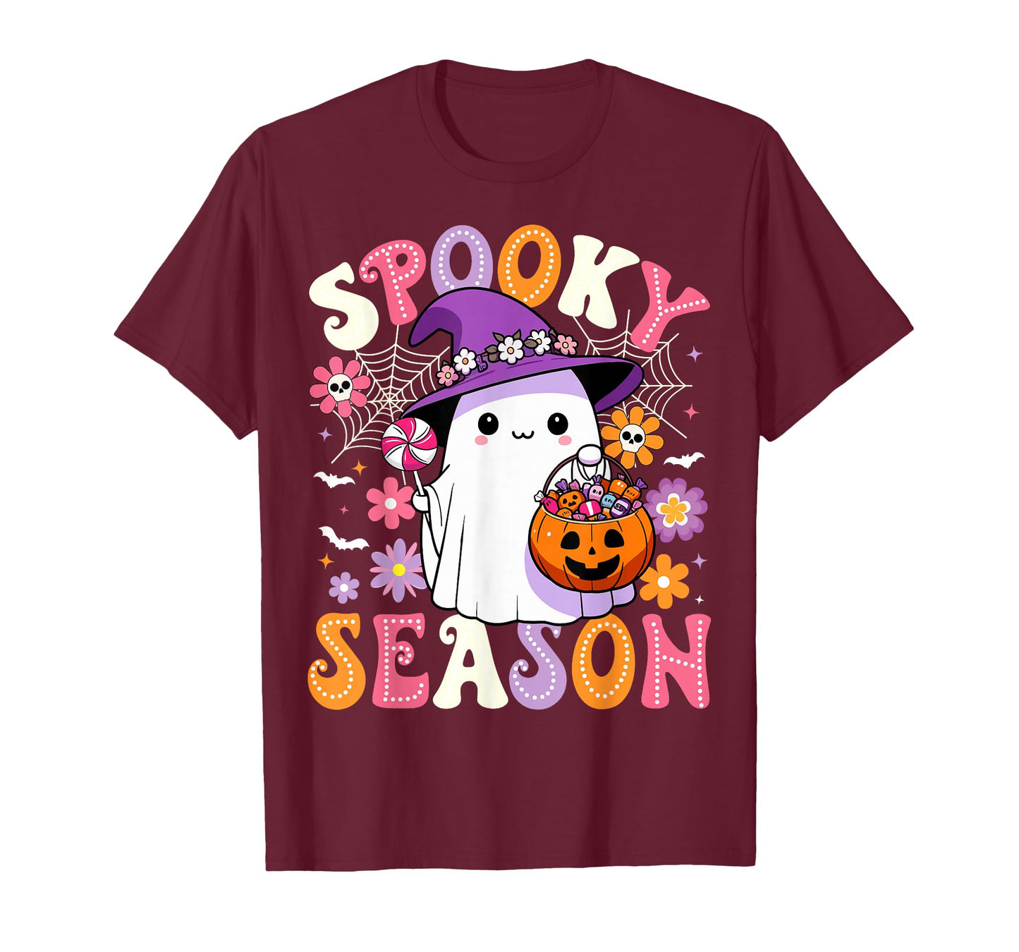 Groovy Spooky Season Retro Ghost Holding Pumpkin Halloween T-Shirt