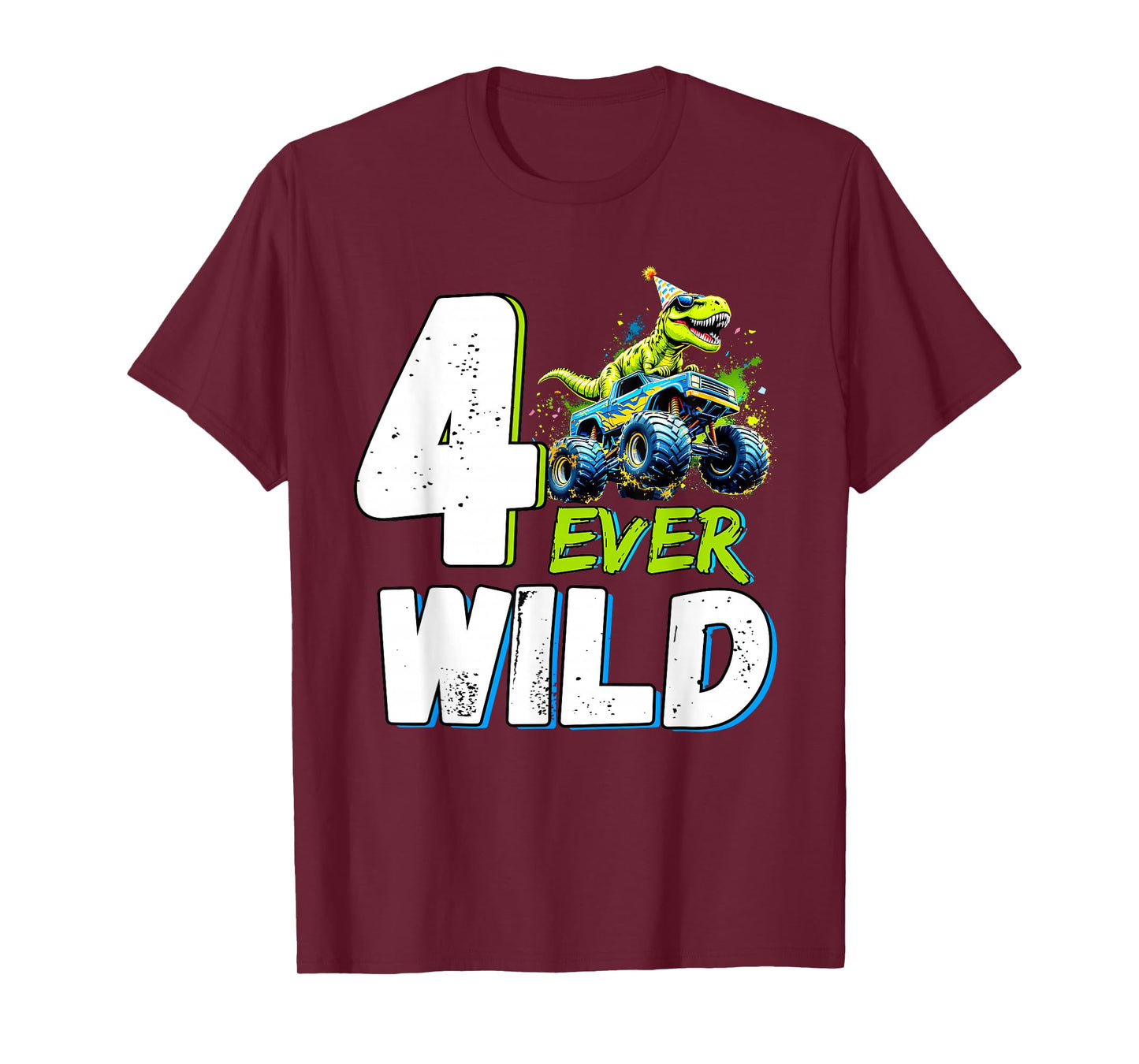 4th Birthday Monster Truck Dinosaur Party Boy Four Ever Wild T-Shirt