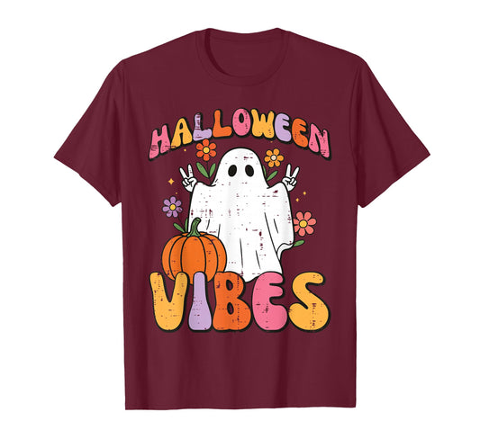 Halloween Vibes Ghost Peace Costume Groovy Women Girls Kids T-Shirt