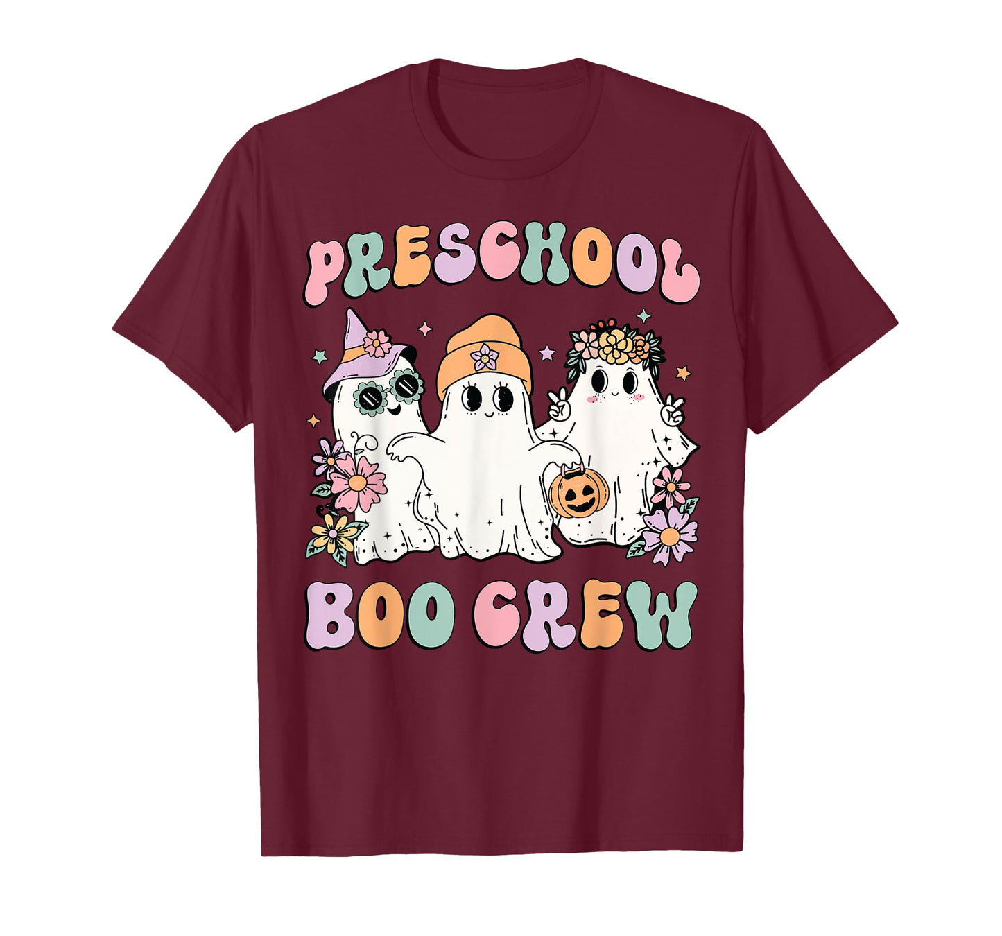 Preschool Boo Crew Groovy Halloween Floral Ghost Teacher Men Women Kids T-Shirt