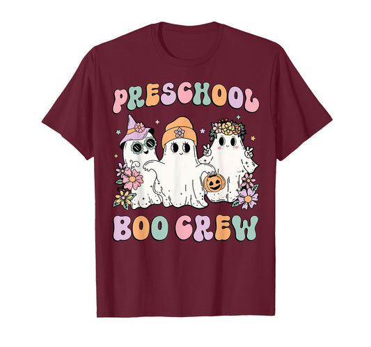 Preschool Boo Crew Groovy Halloween Floral Ghost Teacher Men Women Kids T-Shirt