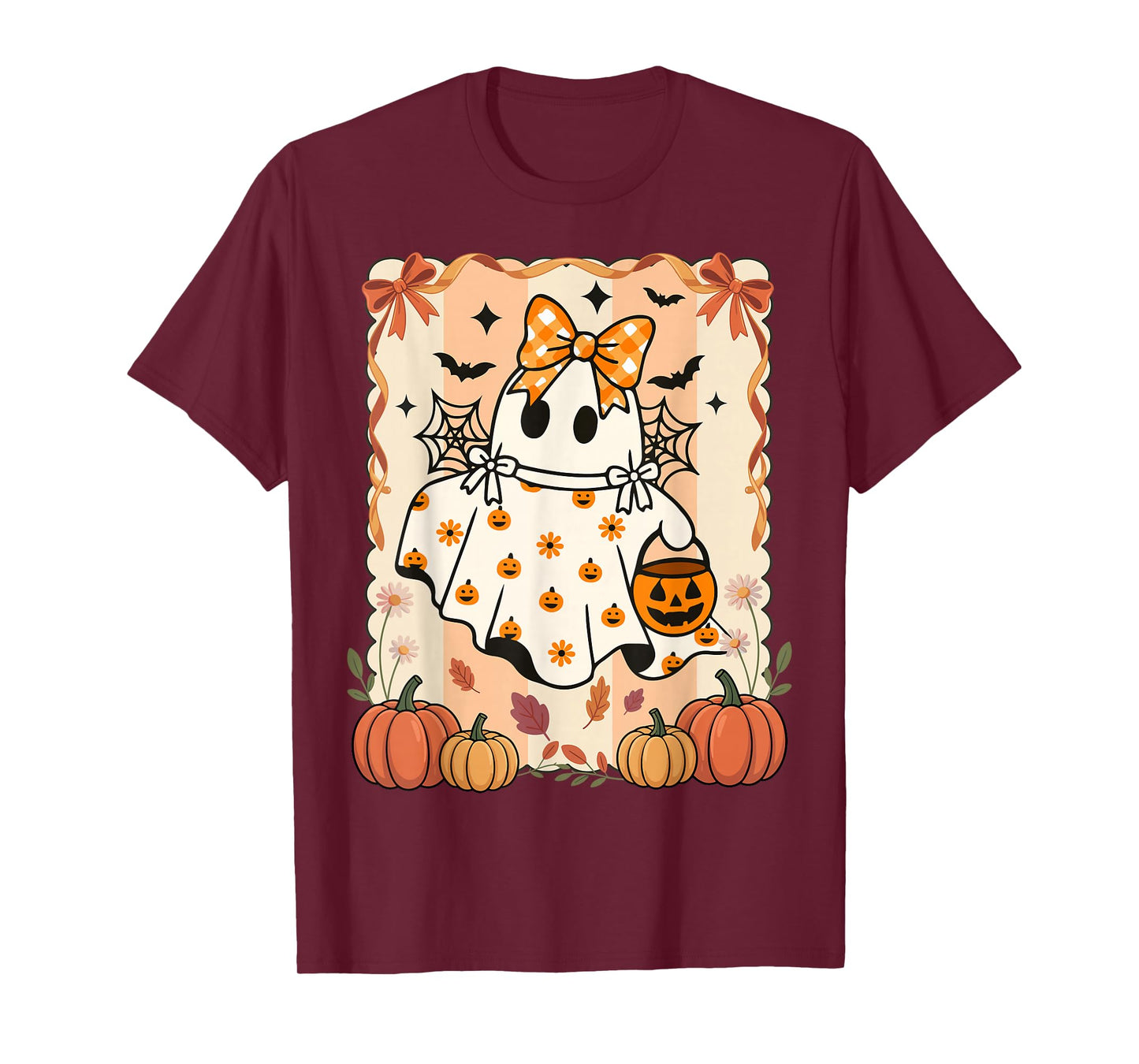 Ghost with Bow Preppy Halloween Pumpkin Season Women Kids T-Shirt