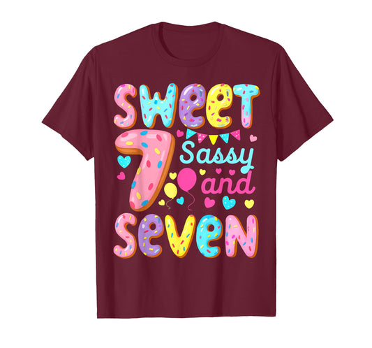 Kids 7th Birthday Sweet Sassy and Seven Birthday Girl Donut T-Shirt