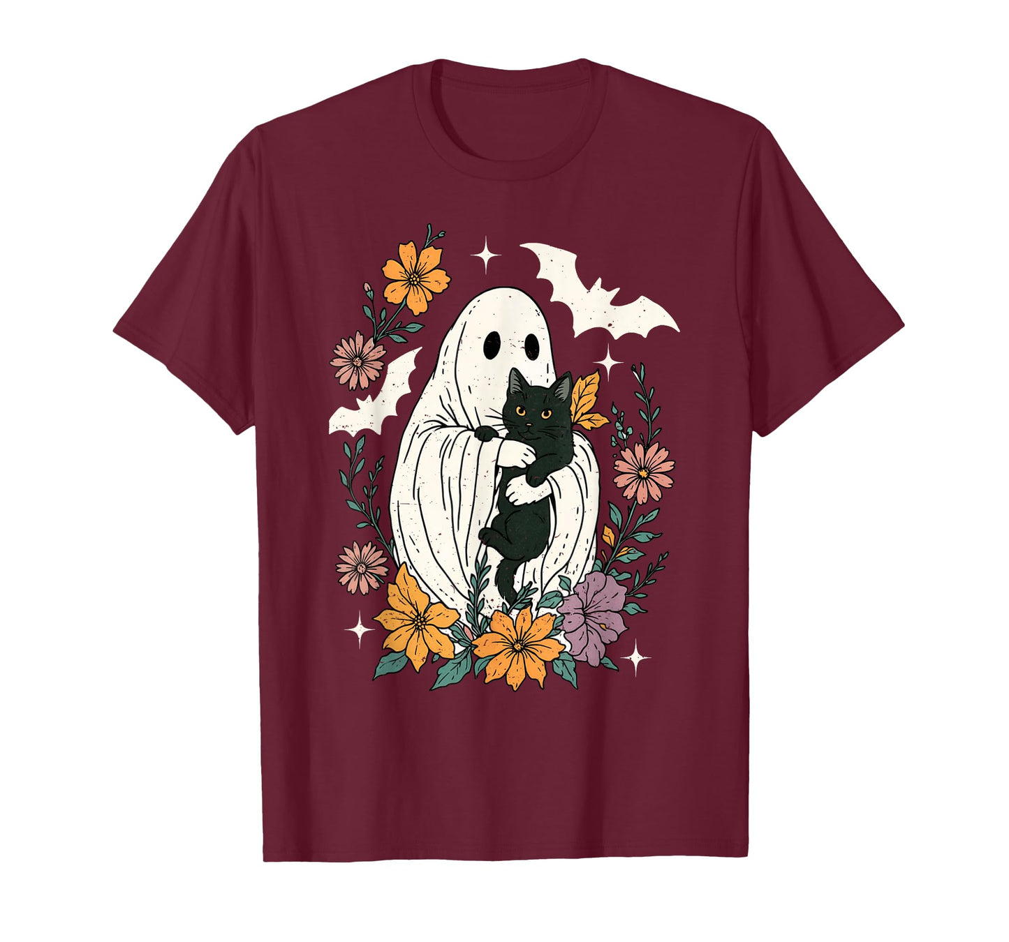 Groovy Floral Halloween Spooky Ghost Holding Black Cat Goth T-Shirt