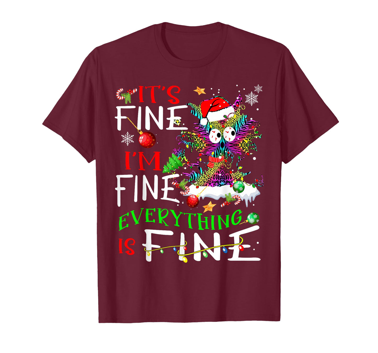 It's Fine I'm Fine Everything Is Fine Tie Dye Cat Xmas Light T-Shirt