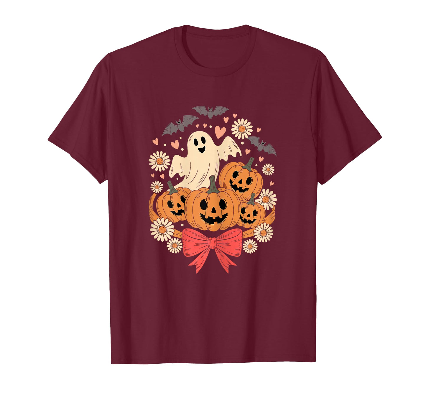 Cute Ghost with Pumpkins and Flowers Halloween Women T-Shirt