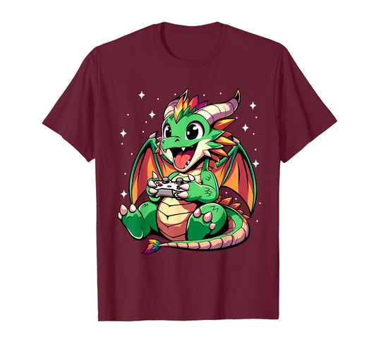 Cute Dragon Playing Video Games - Funny Gamer Boys Kids T-Shirt