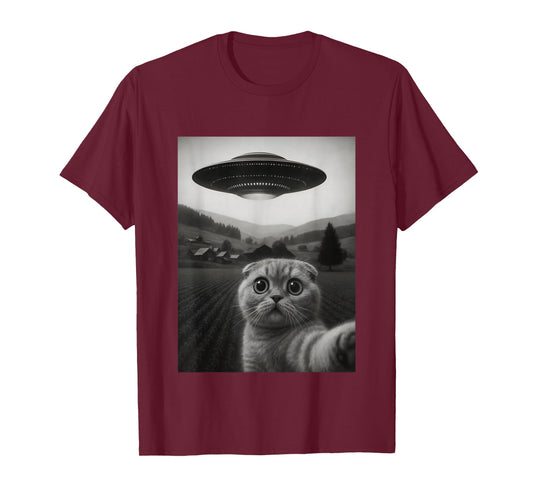 Scottish Fold Cat Selfie Funny Alien Abduction Meme Artwork T-Shirt