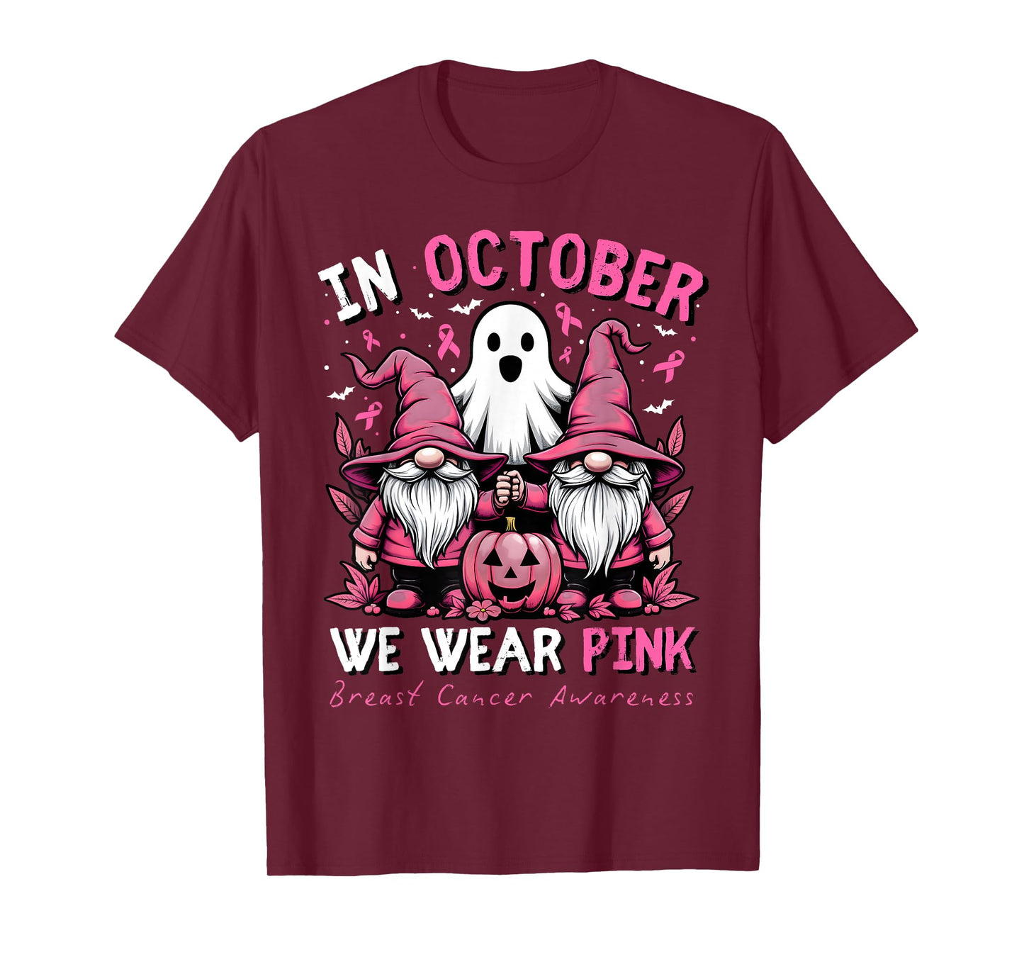 In October We Wear Pink Ghost Gnomes Breast Cancer Awareness T-Shirt